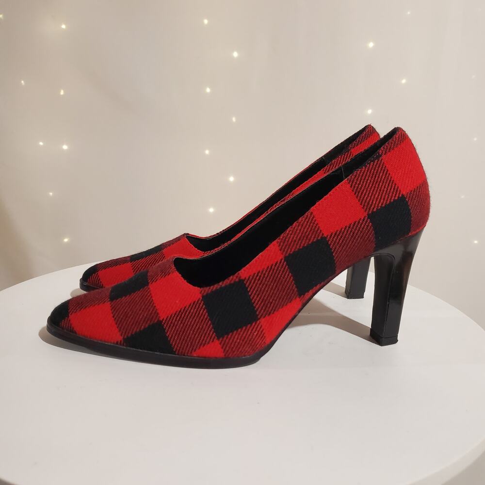 Vtg Newport News Buffalo Plaid Felt Wool Pump Heels Size 7M Holiday Christmas